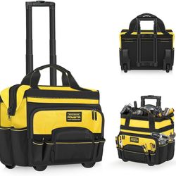 20" Rolling Tool Bag with Wheel,15 Pocket Heavy Duty Wheeled Tool Bag,Retractable Handle & Stable Base, rolling bags for Construction, Carpentry, Repa