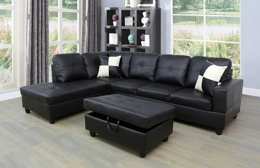 Black Faux Leather sectional with storage Ottoman