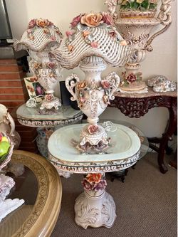Vintage Victorian Floral Lamps with Glass Shelves – Pair