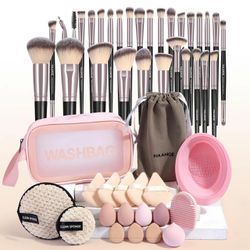 Spring Makeup Tool Set, 49pcs/set Makeup Tools with Storage Bag, Soft Makeup Brushes, Beauty Eggs, Powder Puffs, Face Wash Puffs, Brush Cleaner Mat & 
