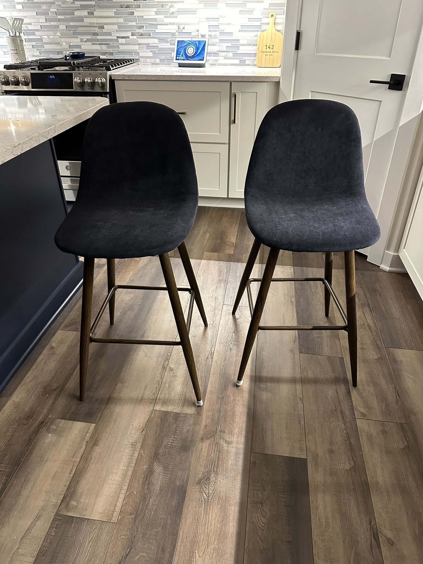 2 Navy Blue Fabric Bar Stools 