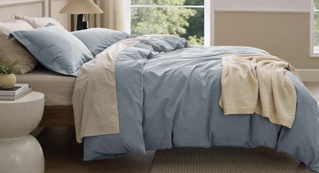 New 100% Washed Cotton Duvet Cover Queen Size Set Dusty Blue Minimalist Bedding Linen Like
