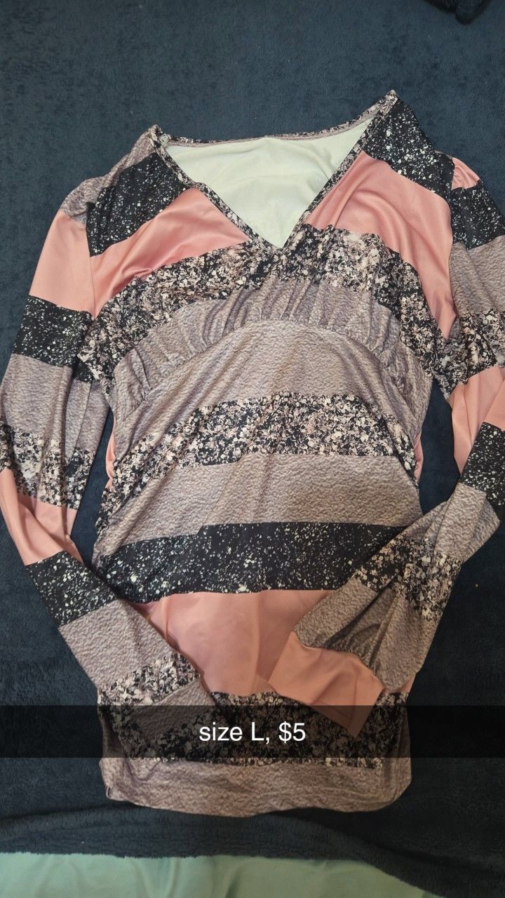 coral, gray, and black stripped blouse