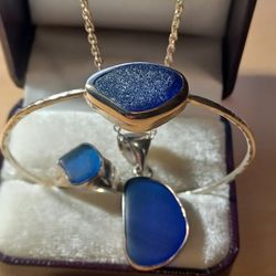 Sterling Silver Seaglass Cobalt Blue Set