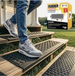 Rubber Stair Treads Outdoor 30"x10" 6-Pack - Heavy-Duty Outdoor Stair Treads Non-Slip Weather Resistant - Exterior Rubber Mats for Wooden Steps - Anti