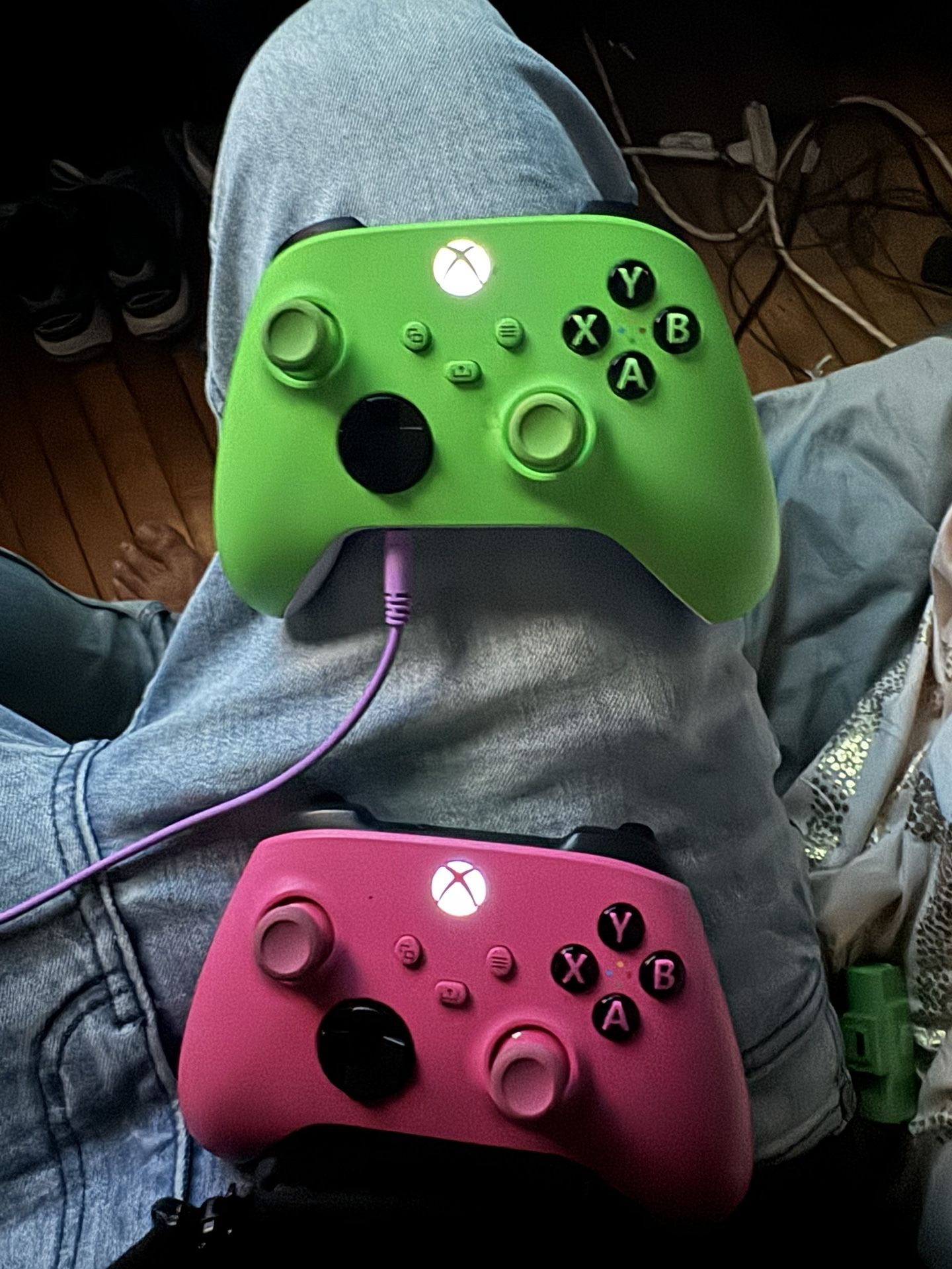 Two Xbox Series s/x controller Neon Pink And Neon Green