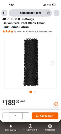 48 in. x 50 ft. 9-Gauge Galvanized Steel Black Chain Link Fence Fabric