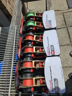 New Tie Down Rachet Sets. 2 Sets 300 Lbs (900 break Strength) and 1 Set of 500 Lbs (1500 break)