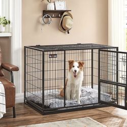 42.1 Inch Heavy Duty Dog Crate, Metal Escape Proof Kennel with Double Doors and Convenient Feeding Door, Removable Tray, Easy to Clean, XL Pet Crate f