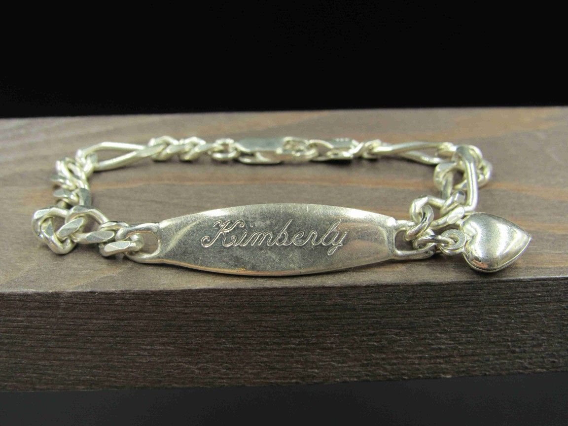 7" Sterling Silver Kimberly Heart Name Bracelet Vintage Wedding Engagement Anniversary Gift Idea Beautiful Elegant Everyday