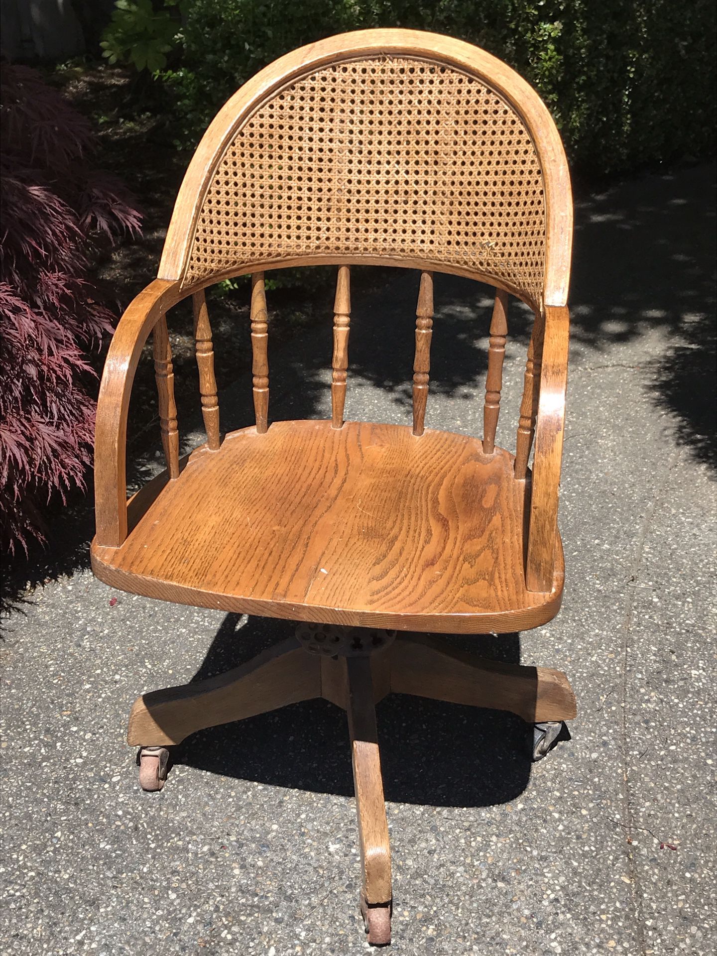 Antique Oak Swivel Office Desk Chair Wicker Back