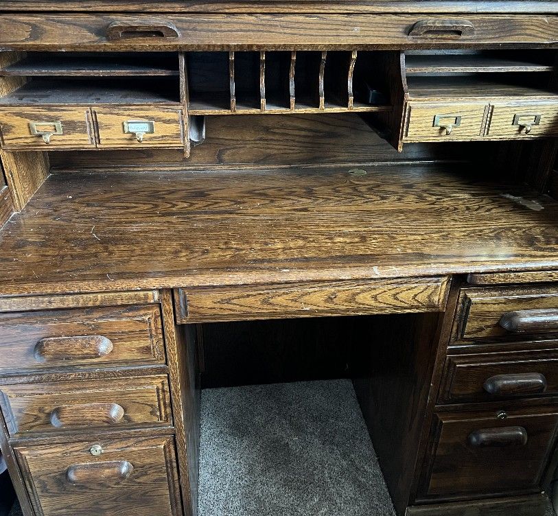 Antique Roll Top Desk With Chair And Cabinet