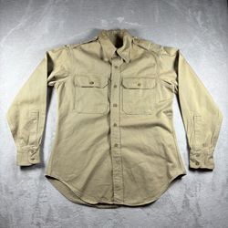 Vintage 50s US Army Korean War Khaki 15 1/2 33 Beige Long Sleeve Button Shirt#8F