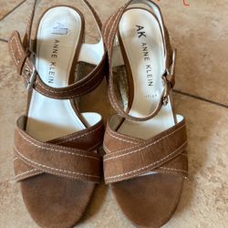 Ann Klein Brown Suede Open Toe Wedges