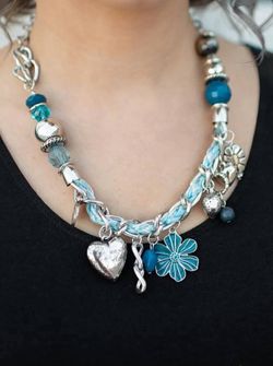 Silver Tone Blue Round Glass Bead Floral Charm Necklace & Drop Earrings Set