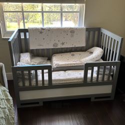 Neutral Convertible Crib and Pottery Barn Bedding
