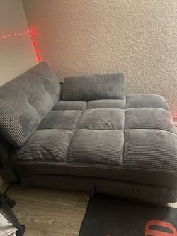 Gray corduroy chaise w/ cup holders and USB ports