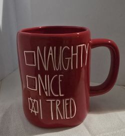 Rae Dunn Christmas humor "naughty, nice, tried" red mug