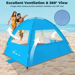 Venustas UPF 50+ Beach Tent, Easy Setup Sun Shelter for 3 People, Windproof Outdoor Canopy Shade with Portable Carry Bag