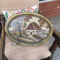 Vintage Cottage Needlepoint Framed Picture 22 By 17