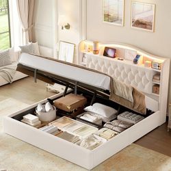 Full Lift Up Storage Bed with LED Lights & Charging Station, Beige Velvet Upholstered Platform Bed, Button Tufted Headboard with Storage Shelves, Hydr