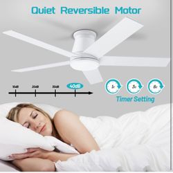 52"' Ceiling Fan with Light, White Flush Mount Ceiling Fan With Remote Control Indoor/Outdoor