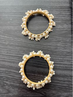Pair of Gold Tone Faux Pearl Beaded Bangles Bracelets