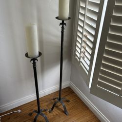 Vintage PAIR 2- French Fleur De Lis Cast Iron Rustic Floor Candle Holder Heavy Rustic Large Metal Collectible Retro 