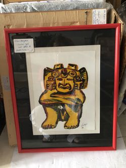 Gorgeous Mono Print in Glossy Red Frame signed ‘ Vallejo ‘89 ‘ titled ‘ Hue Hue Teote’