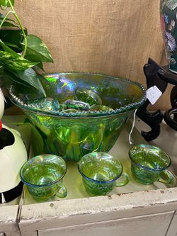 Green Carnival Glass Punch Bowl Set