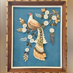 Seashells Mother Of Pearl Shell Fine Asian Original Vintage Art Oriental Peacock Bird Flower Collage Assemblage Antique Decor Mixed Medium HILLCREST