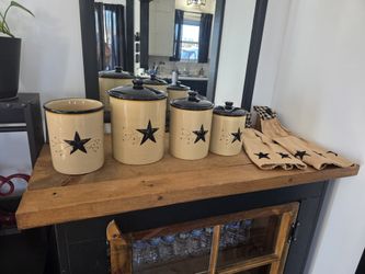 Canisters 3 piece set & Utensils Crock & 2 Towels