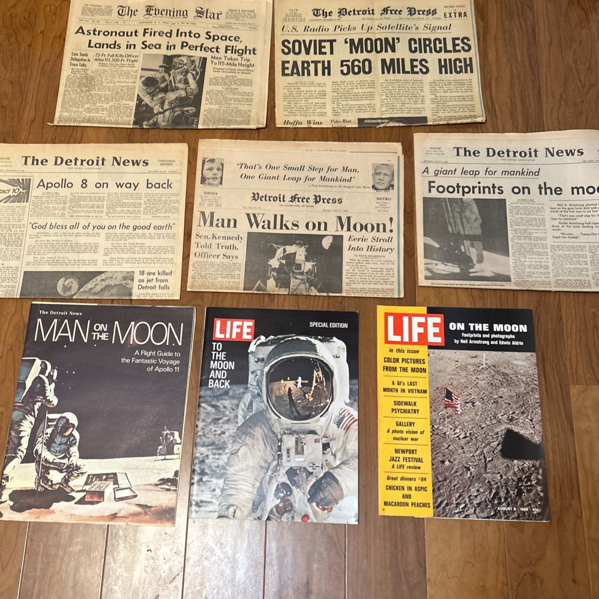 Man On The Moon Newspapers From 1968, 1969 Paul, Eight Man Lands On The Moon Even Over Papers From 1957, 1961 From The Space Race