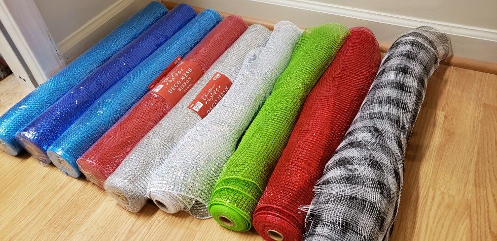 9 Rolls Of Deco Mesh Ribbon 21 in X 30 Feet Blue Red Silver  Green Black And White 