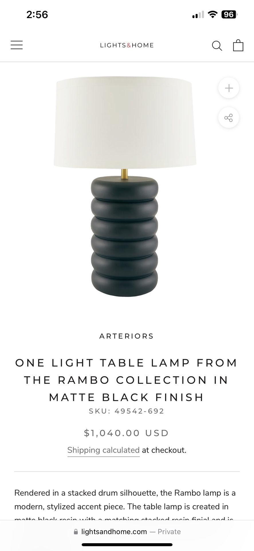 ONE LIGHT TABLE LAMP FROM THE RAMBO COLLECTION IN MATTE BLACK FINISH SKU: 49542-692
