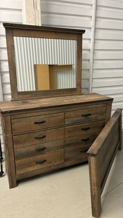 Rustic faux Wood Dresser with Mirror. Minor scratches