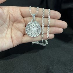 925 Sterling Silver St Benedict San Benito Jesus Medal & Figaro Chain 