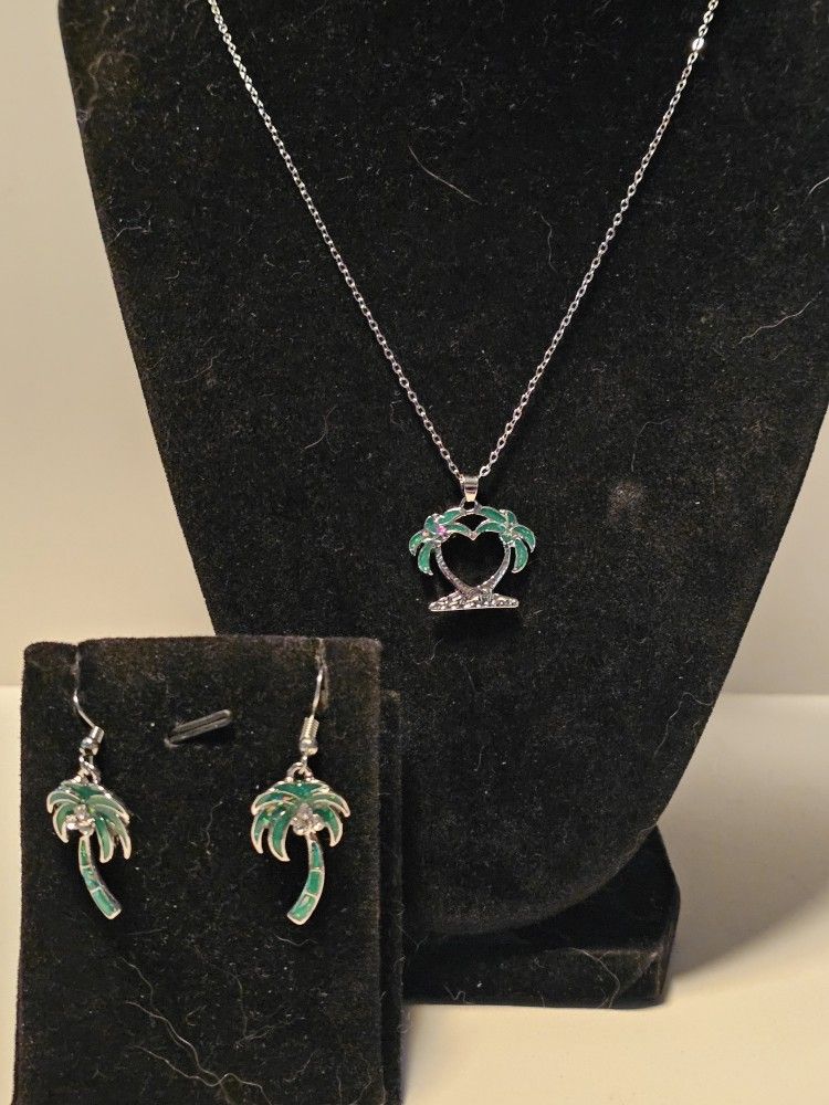 New Silver Green Fire Opal Palm Tree Necklace And Bracelet