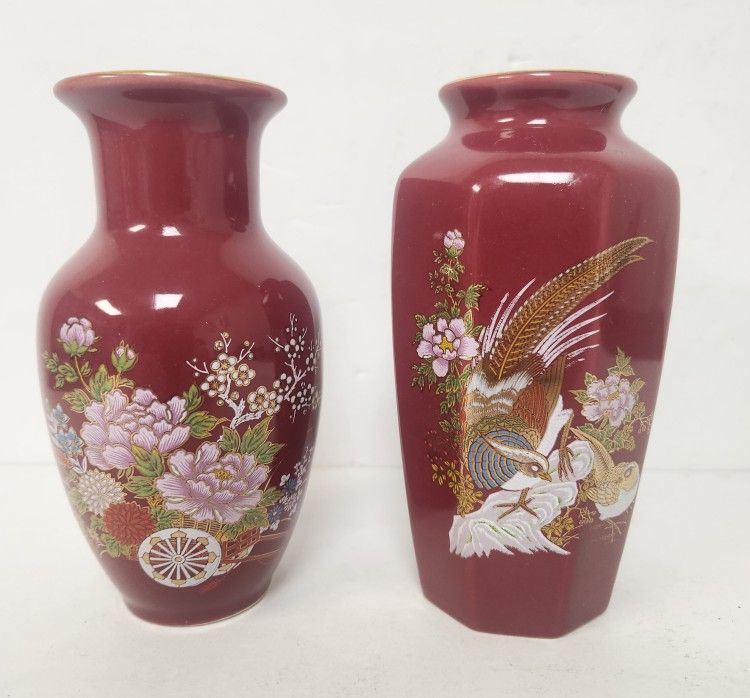 Set of 2 Vintage Burgundy Japanese Vases with Pheasants Birds and Flowers Trimmed in Gold