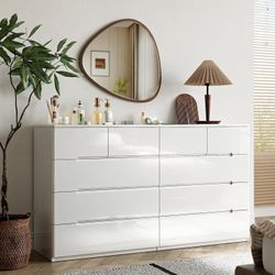 White 10-Drawer Dresser for Bedroom, 55" Long Dresser, Large High Gloss Modern Storage Cabinet with Handleless Drawers, Living Room, Entryway