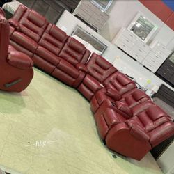 Red wrap around reclining sectional with console ✨ Faux Leather sectional 