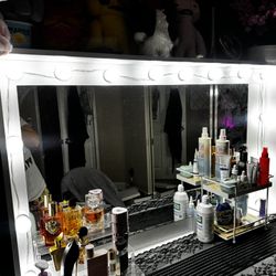 Vanity Desk with Lights + Shelf Floor Lamp Bundle – $180