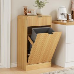 FURSUN 10 Gallons Tilt-Out Trash Can Cabinet, Fluted Laundry Hamper Cabinet with Drawers, Freestanding Pet Proof Hidden Garbage Recycling Cabinet for 