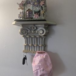 Wooden Column Wall Shelf W Hooks.