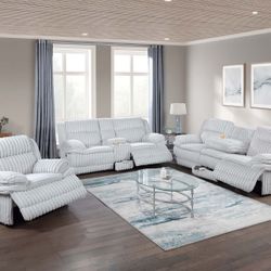 LIGHT GREY MANUAL RECLINE CORDURY SOFA SET