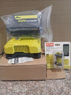Ryobi 40V 6Ah Lithium Battery and Charger + Noise Suppressing Earphones with Microphone