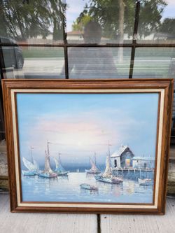 Signed Henderson Original Oil Painting Sailboats Harbor Framed Coastal Seascape