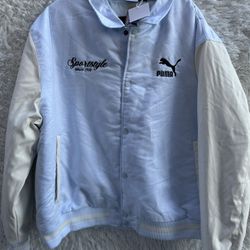 Puma Sky Blue and White Team Varsity Snap Button Up Jacket
