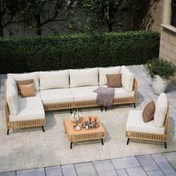 5-Piece Outdoor Wicker Patio Furniture Conversation Set, Sectional Sofa with Cushions, Beige $180/5pcs