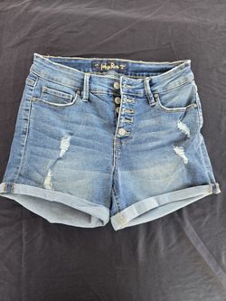 INDIGO REIN Women's Blue Denim Button Up Shorts distressed 9/28
